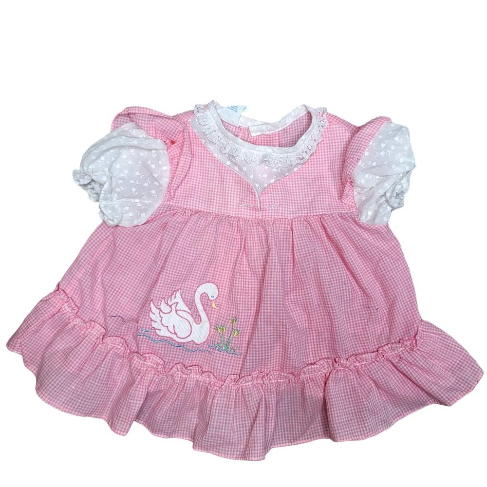 vintage cradle togs dress spring swan checkered puff sleeve 80s, 90s style 6-9 m